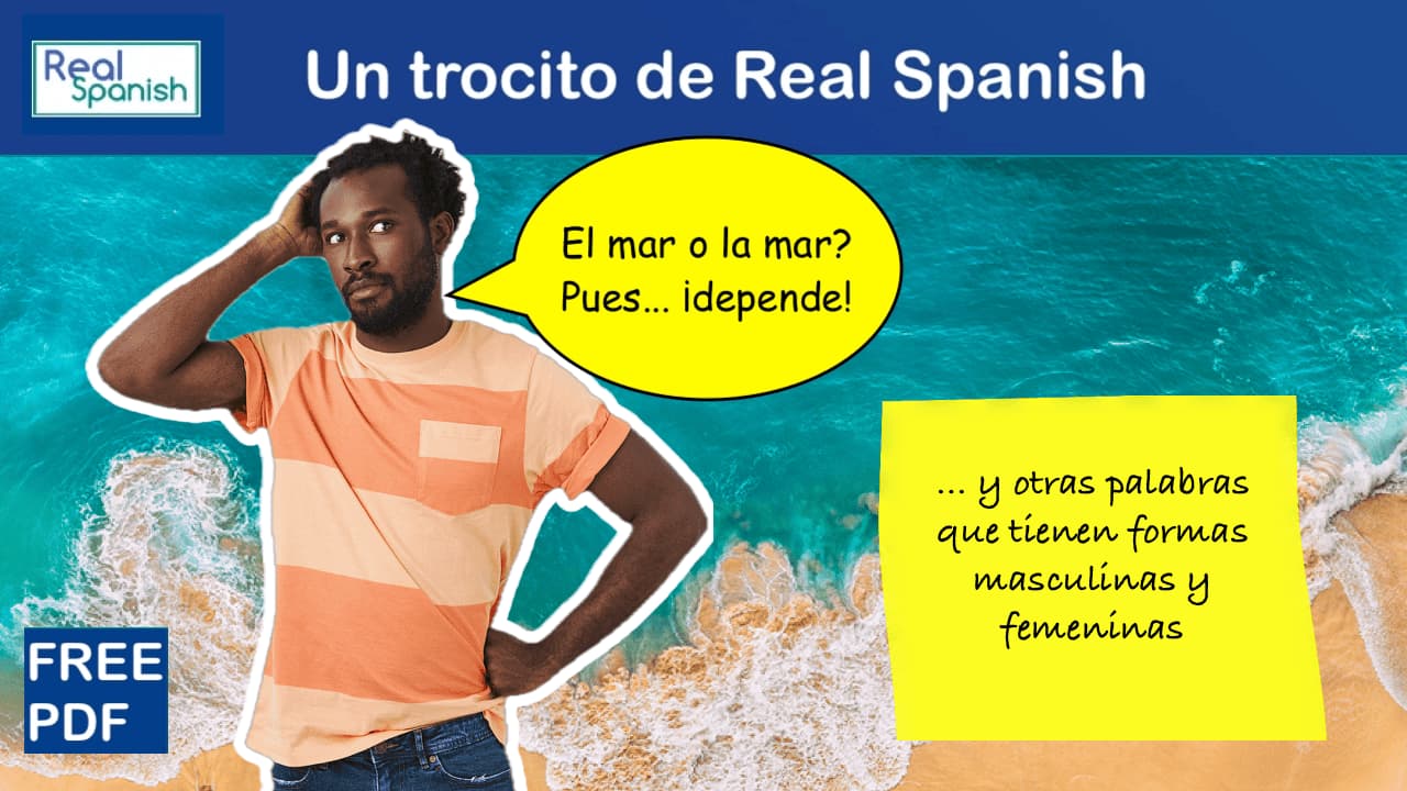 Man on seahsore looking puzled. Speech bubble: "¿El mar o la mar? Pues... ¡Depende!"