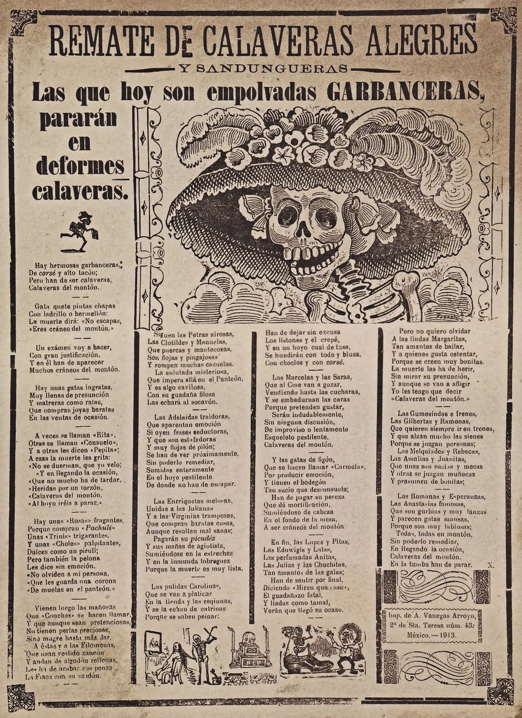 La Calavera Garbancera by José Guadalupe Posada, on a 1913 broadsheet (public domain)